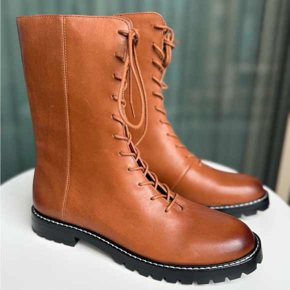 J. Crew Gwen Lug - Sole Leather Lace-up Tall Shaft Boots | Rich Oak | Size 8 - Picture 1 of 12